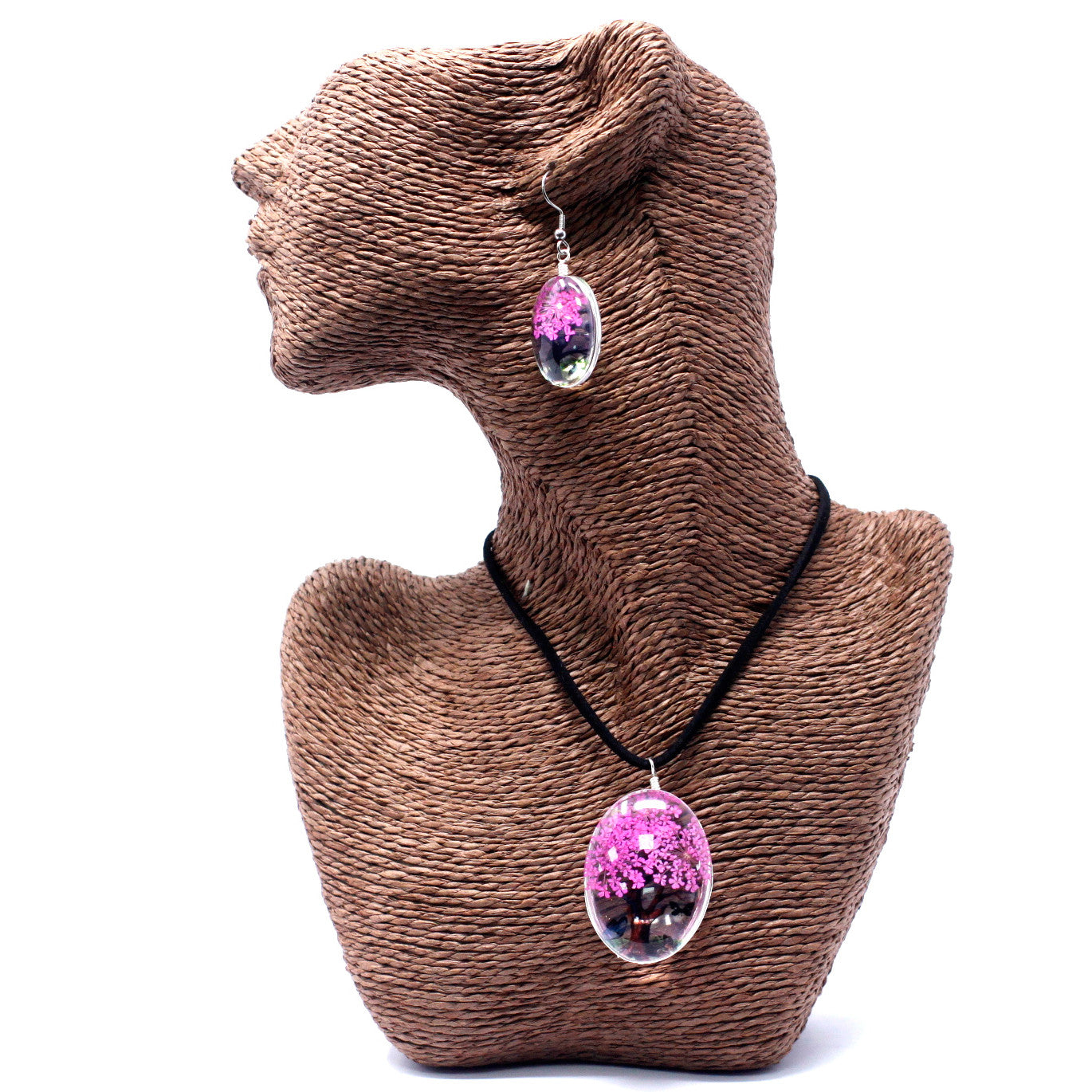 Pressed Flowers Pendant and Earring Set - Tree of Life / Bright Pink product packaging on clean background from Quintessential Holistic Health Ltd