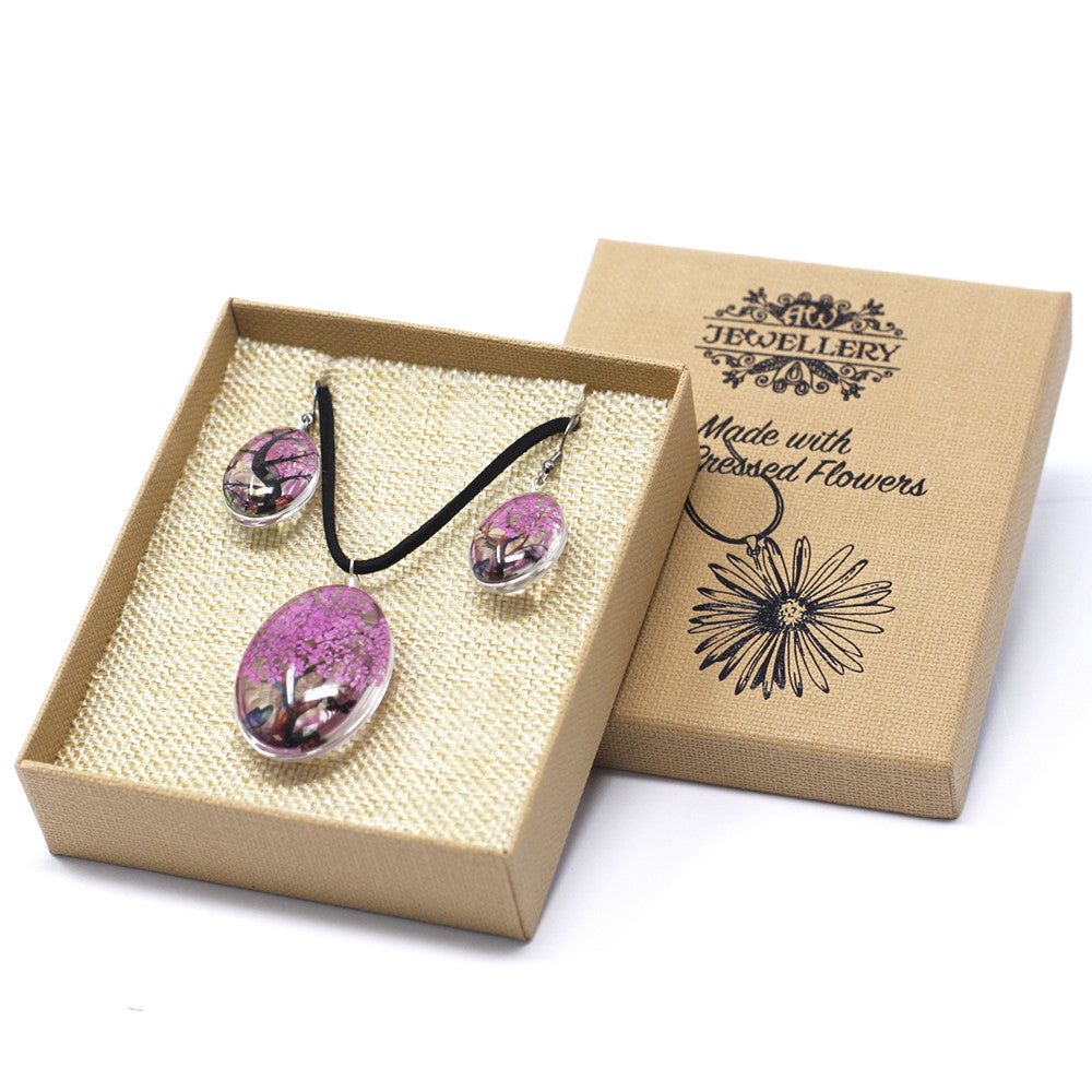 Pressed Flowers Pendant and Earring Set - Tree of Life / Bright Pink product packaging on clean background from Quintessential Holistic Health Ltd