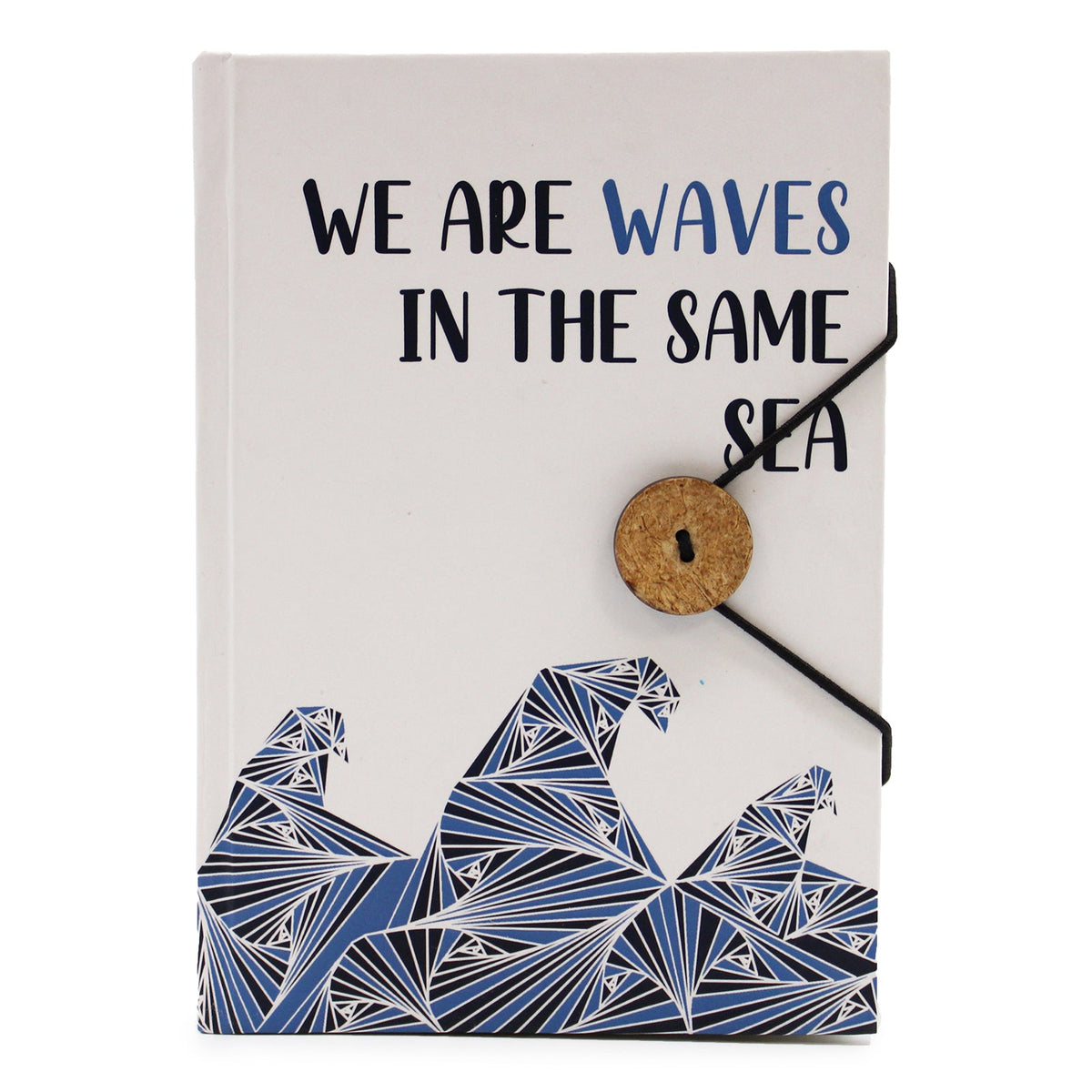 Eco-Friendly Notebook with Strap – We Are Waves in the Same Sea, closed front view with layered blue wave artwork and button fastening by Quintessential Holistic Health Ltd