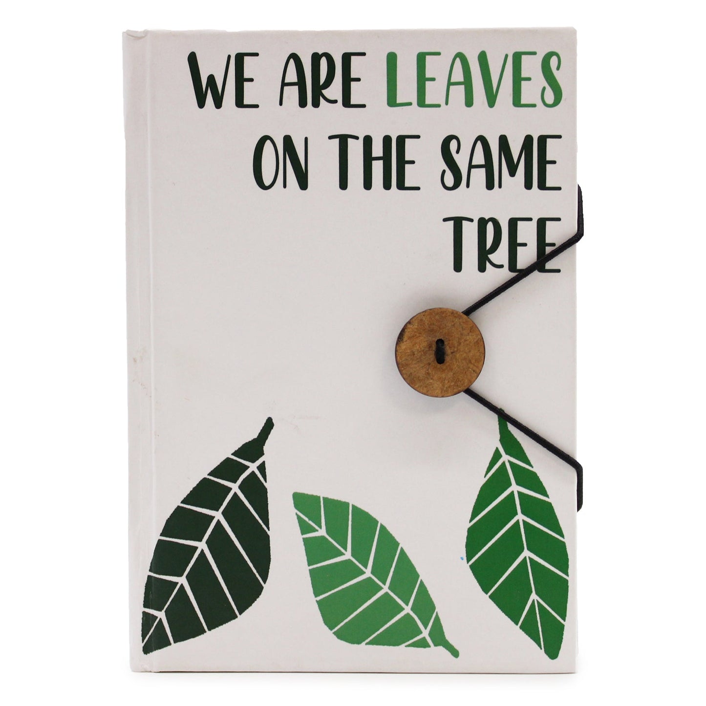 Eco-Friendly Notebook with Strap – We Are Leaves on the Same Tree shown closed with green leaves, brown button and black cord by Quintessential Holistic Health Ltd