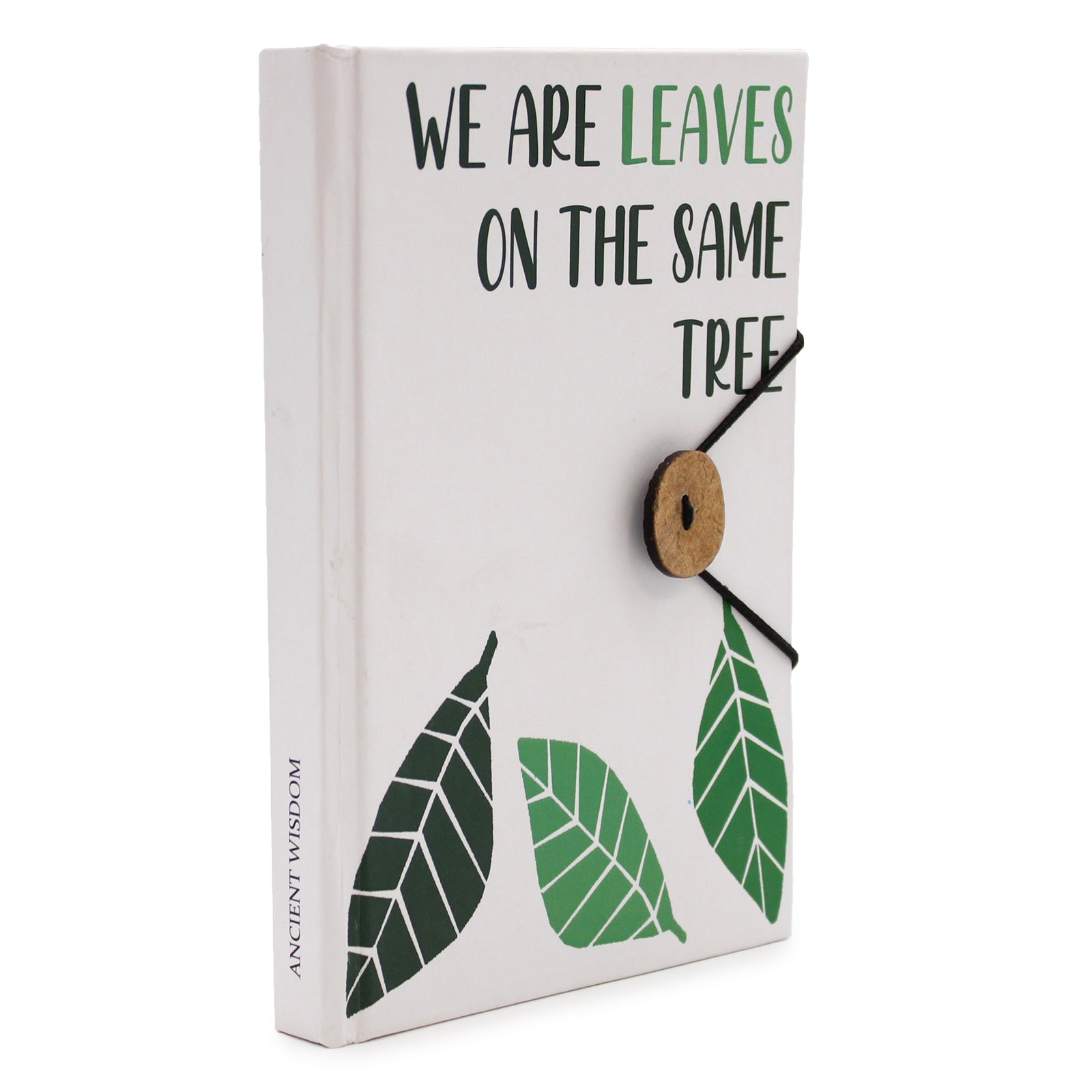 Eco-Friendly Notebook with Strap – We Are Leaves on the Same Tree shown upright with the front cover and spine visible by Quintessential Holistic Health Ltd