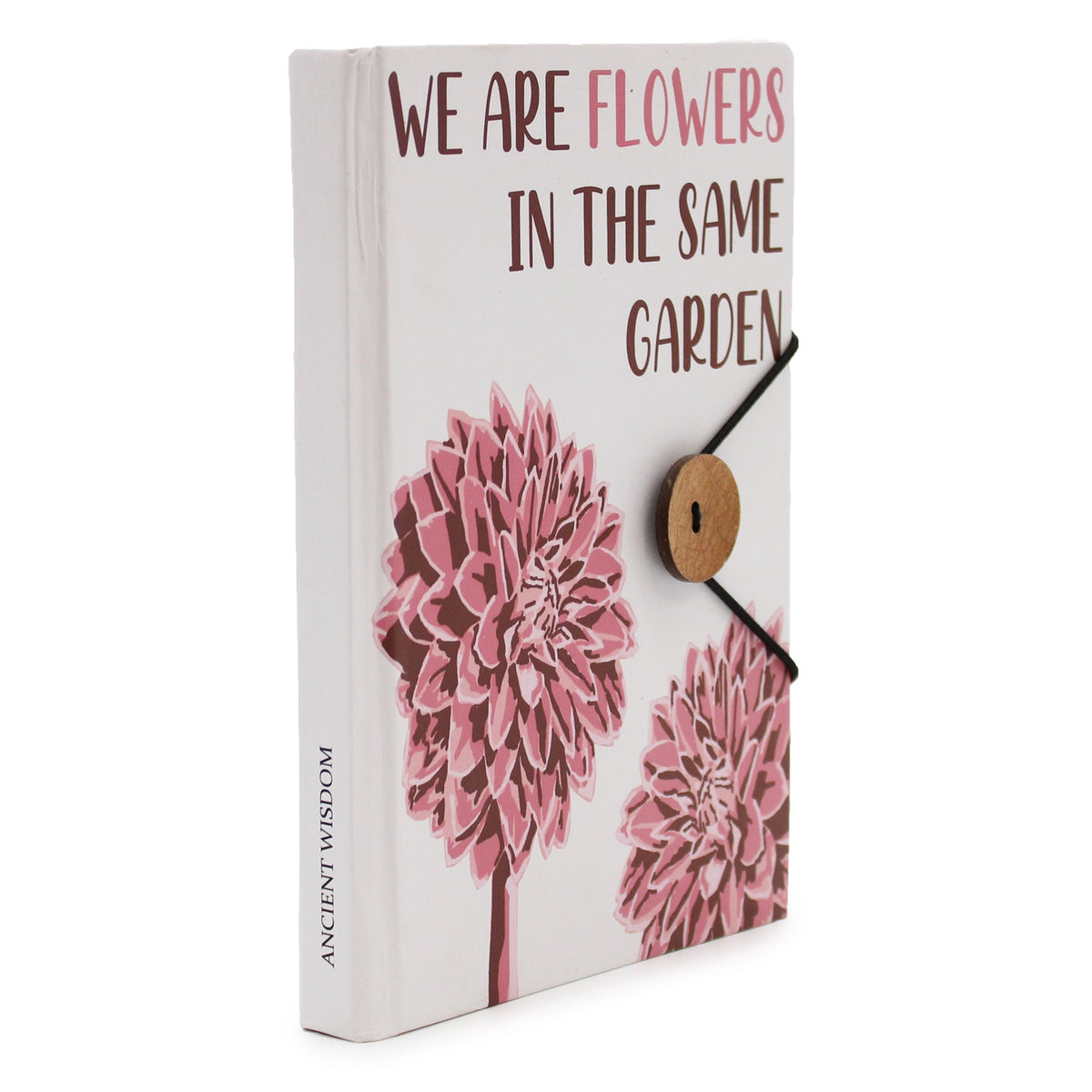 Eco-Friendly Notebook with Strap – We Are Flowers in the Same Garden shown upright with the front cover and spine visible by Quintessential Holistic Health Ltd