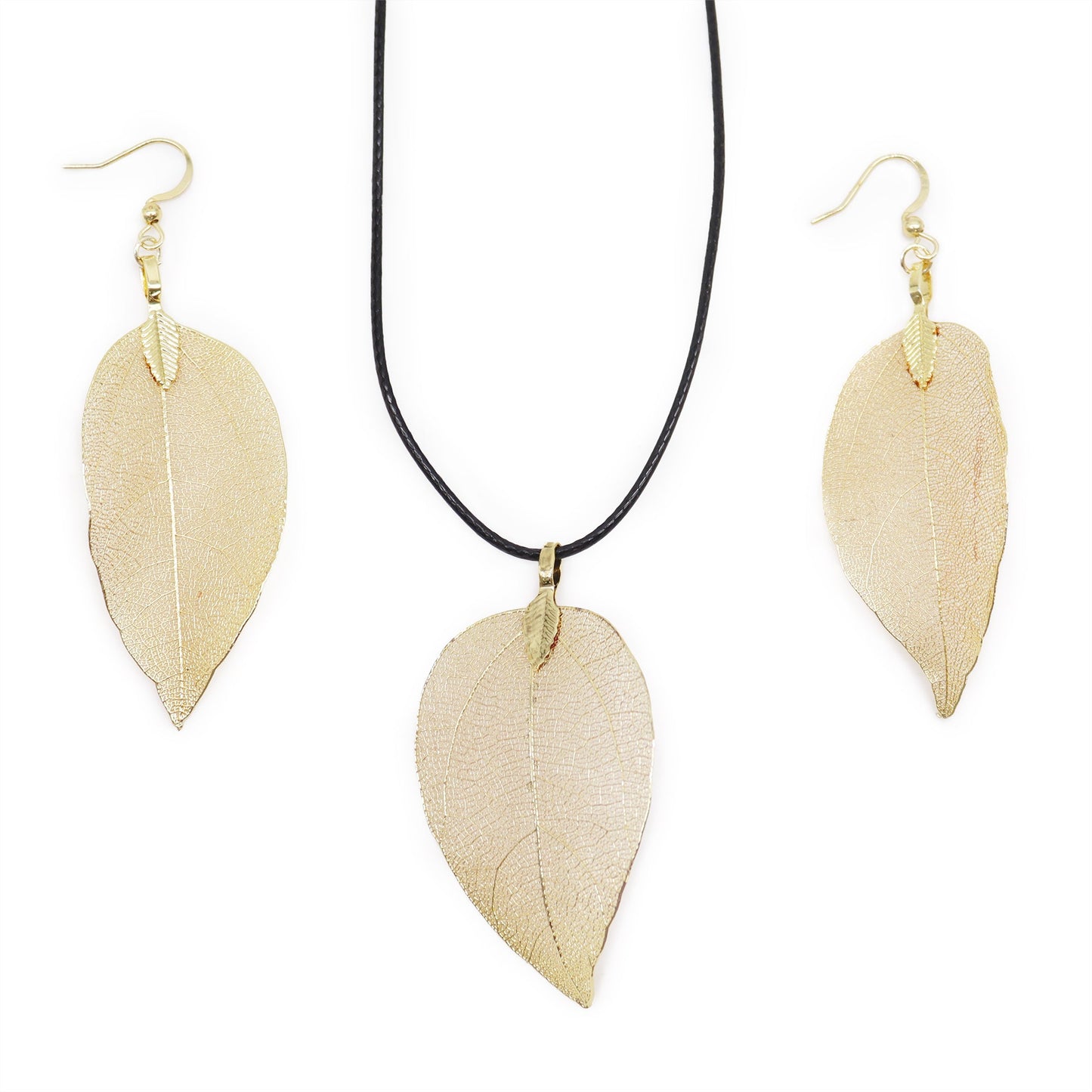 Real Leaf Necklace and Earring Set - Gold product packaging on clean background from Quintessential Holistic Health Ltd