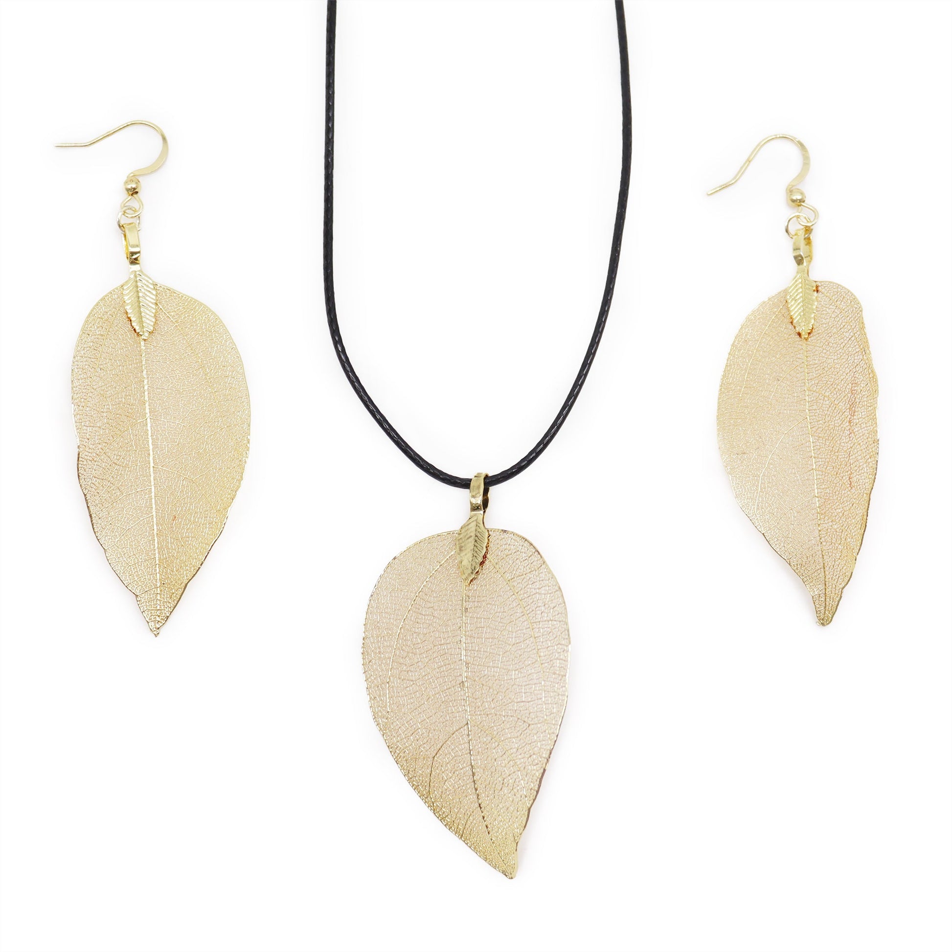 Real Leaf Necklace and Earring Set - Gold product packaging on clean background from Quintessential Holistic Health Ltd