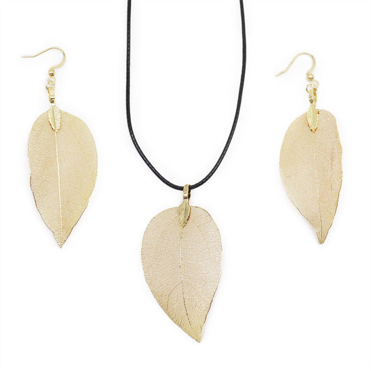 Real Leaf Necklace and Earring Set - Gold product packaging on clean background from Quintessential Holistic Health Ltd