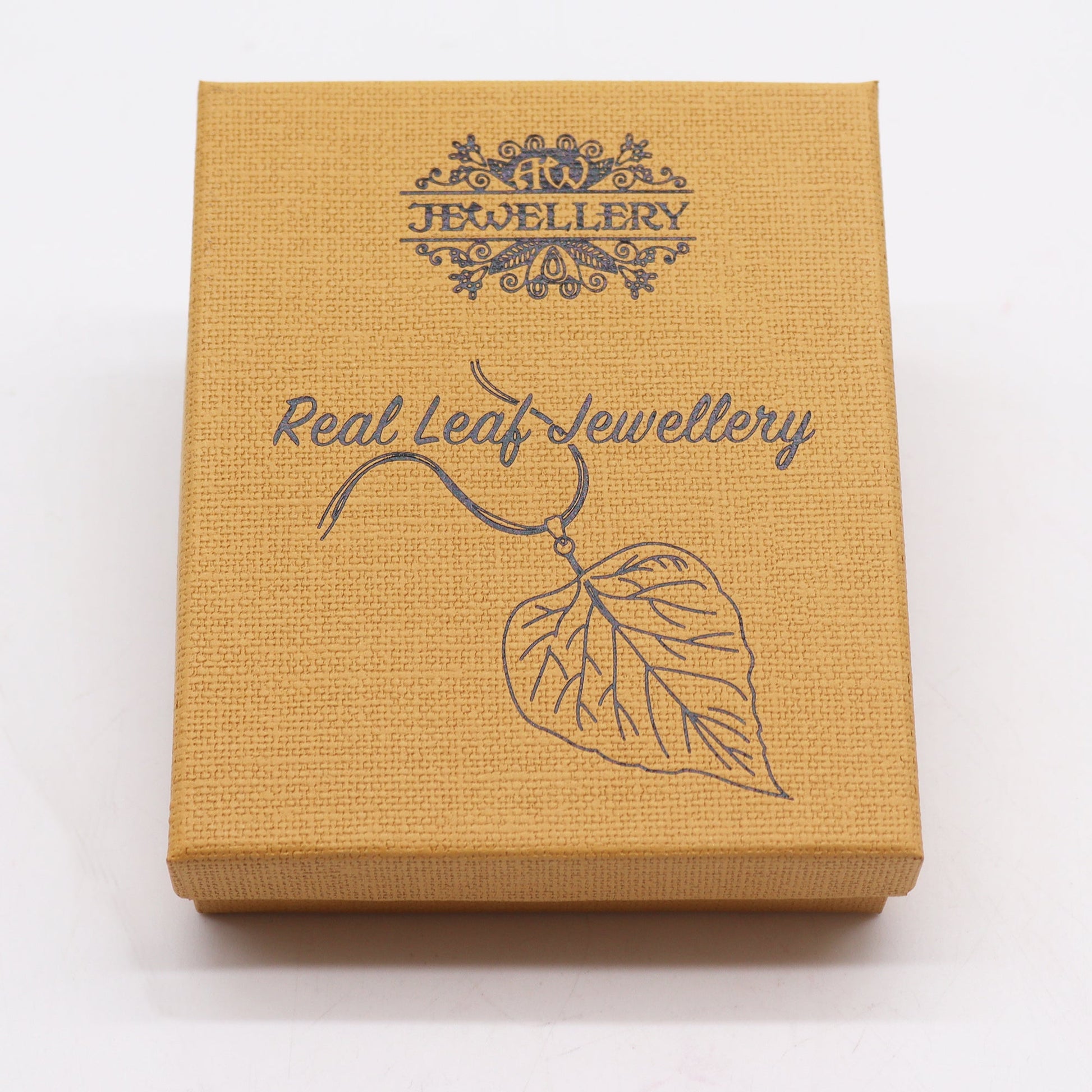 Real Leaf Necklace and Earring Set - Gold product packaging on clean background from Quintessential Holistic Health Ltd