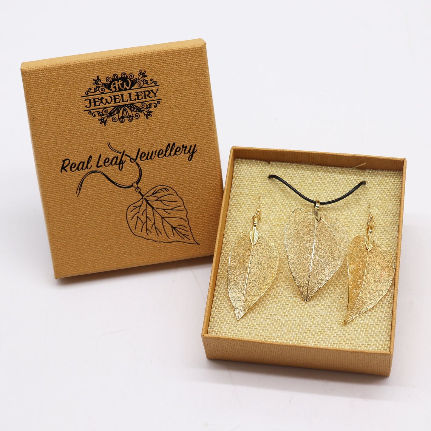Real Leaf Necklace and Earring Set - Gold product packaging on clean background from Quintessential Holistic Health Ltd