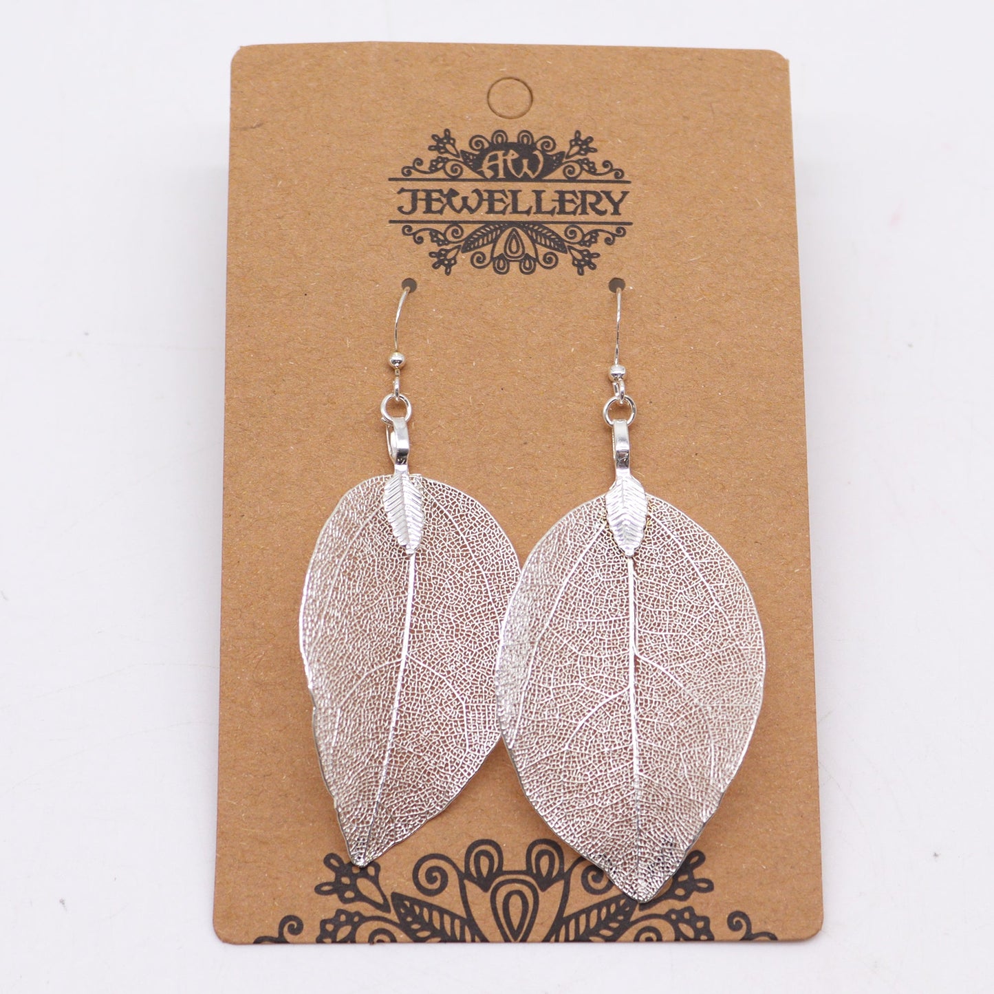 Real Leaf Earrings - Silver product packaging on clean background from Quintessential Holistic Health Ltd