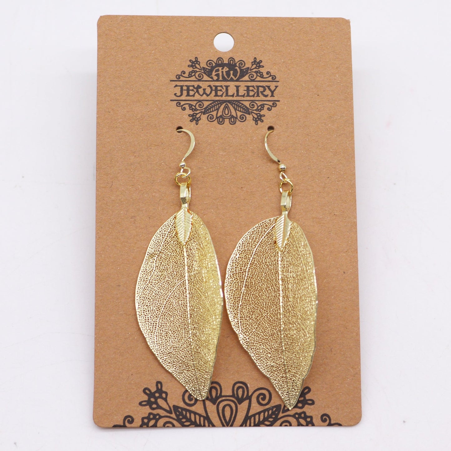 Real Leaf Earrings - Gold product packaging on clean background from Quintessential Holistic Health Ltd