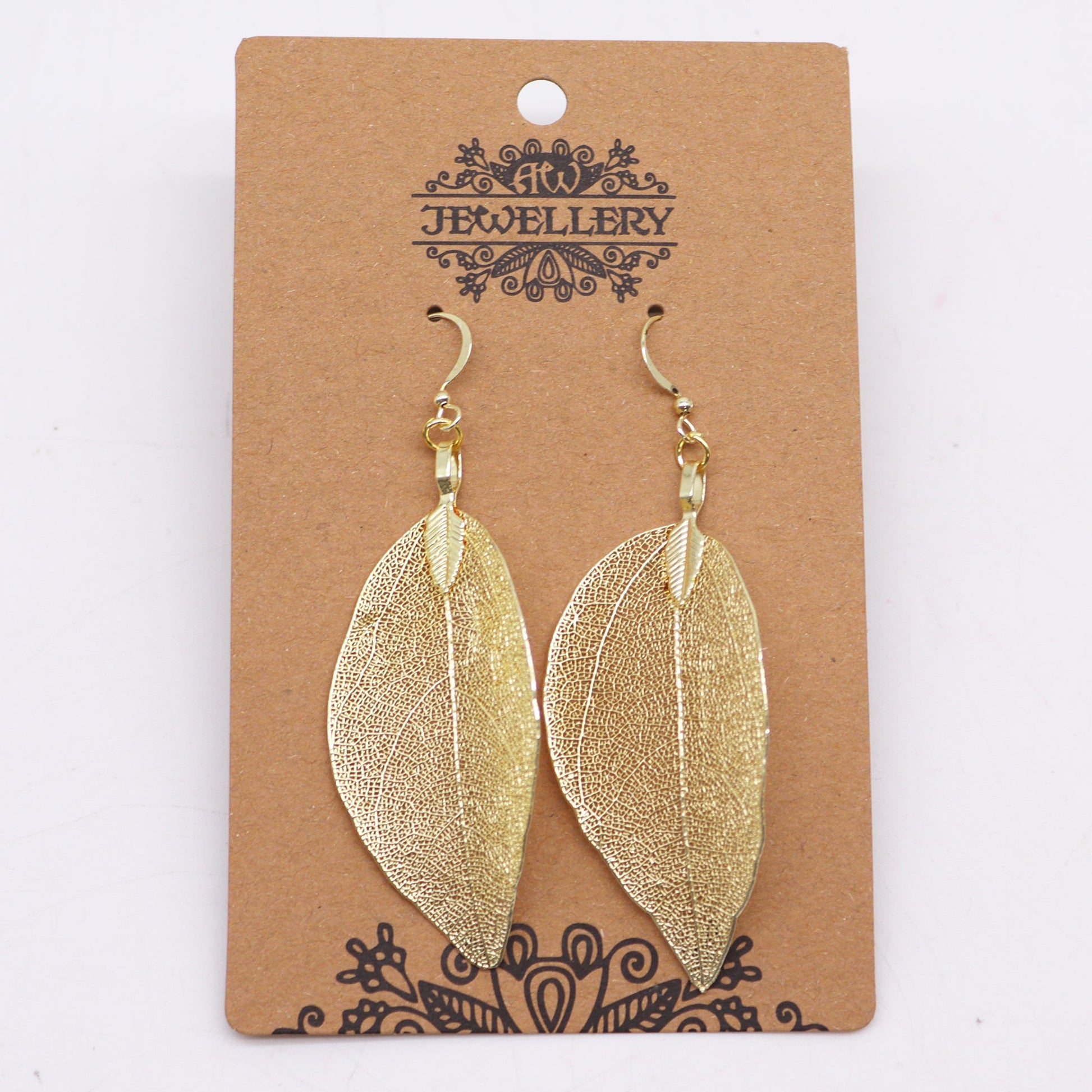 Real Leaf Earrings - Gold product packaging on clean background from Quintessential Holistic Health Ltd