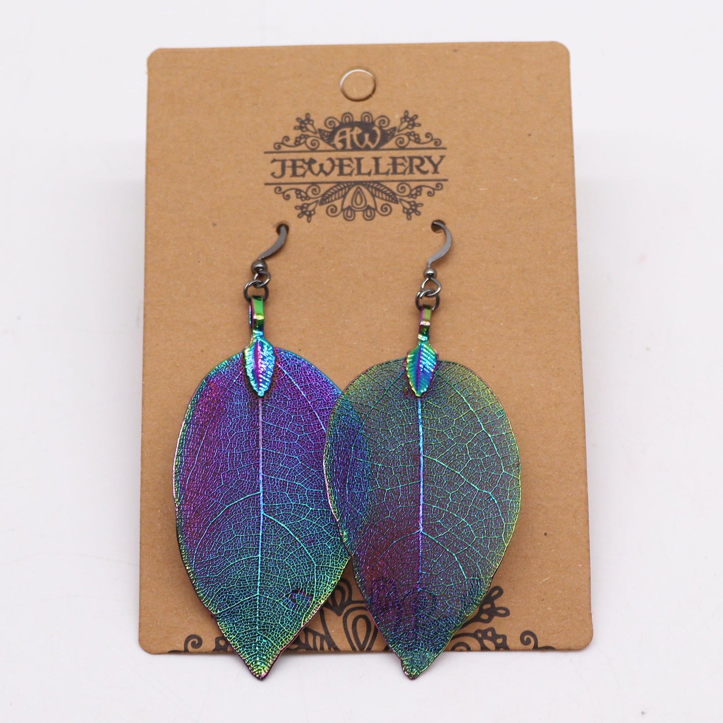 Real Leaf Earrings - Multicoloured product packaging on clean background from Quintessential Holistic Health Ltd