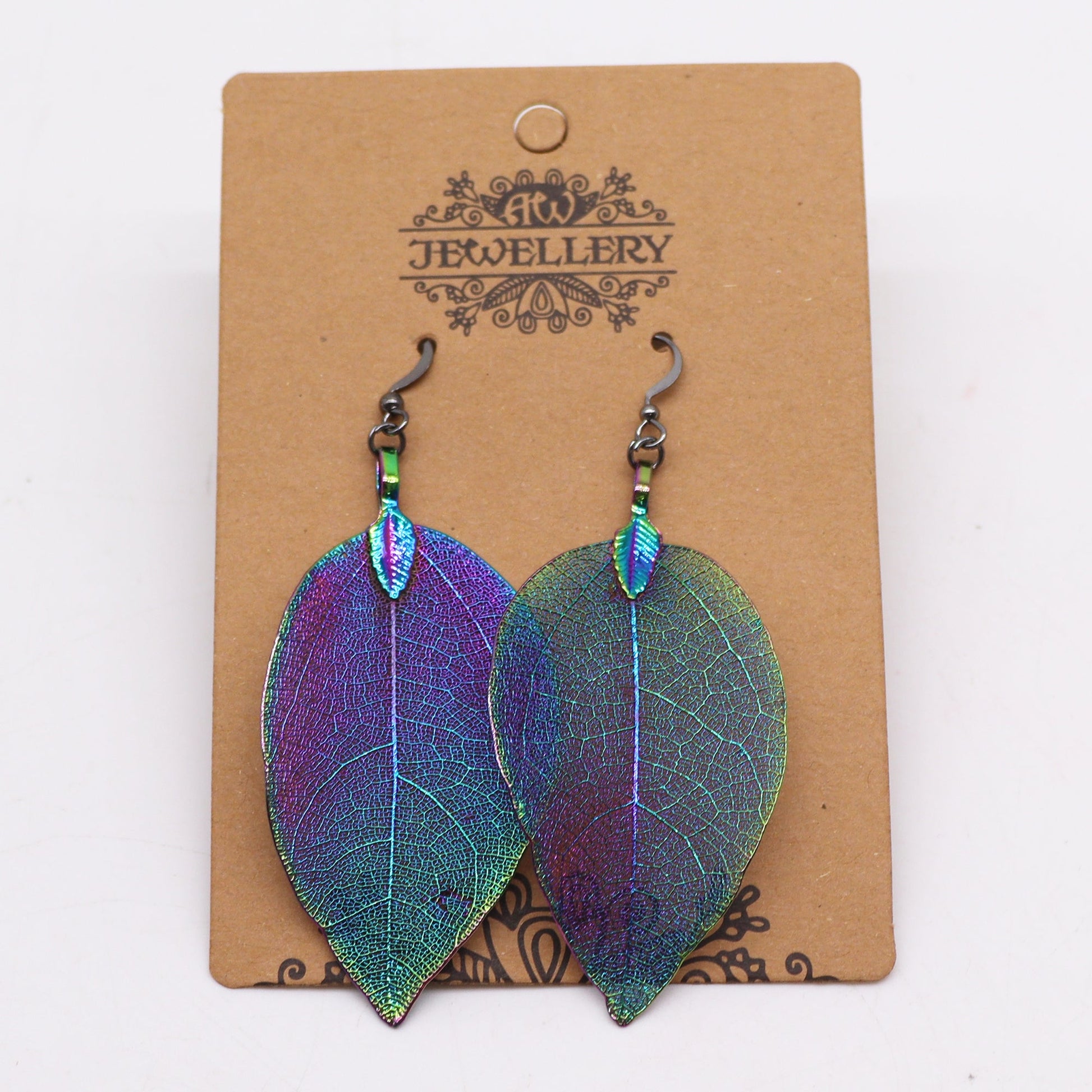 Real Leaf Earrings - Multicoloured product packaging on clean background from Quintessential Holistic Health Ltd