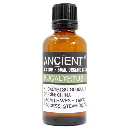 50ml Organic Essential Oil - Eucalyptus product packaging on clean background from Quintessential Holistic Health Ltd