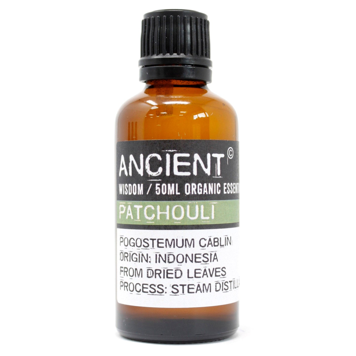 50ml Organic Essential Oil - Patchouli product packaging on clean background from Quintessential Holistic Health Ltd