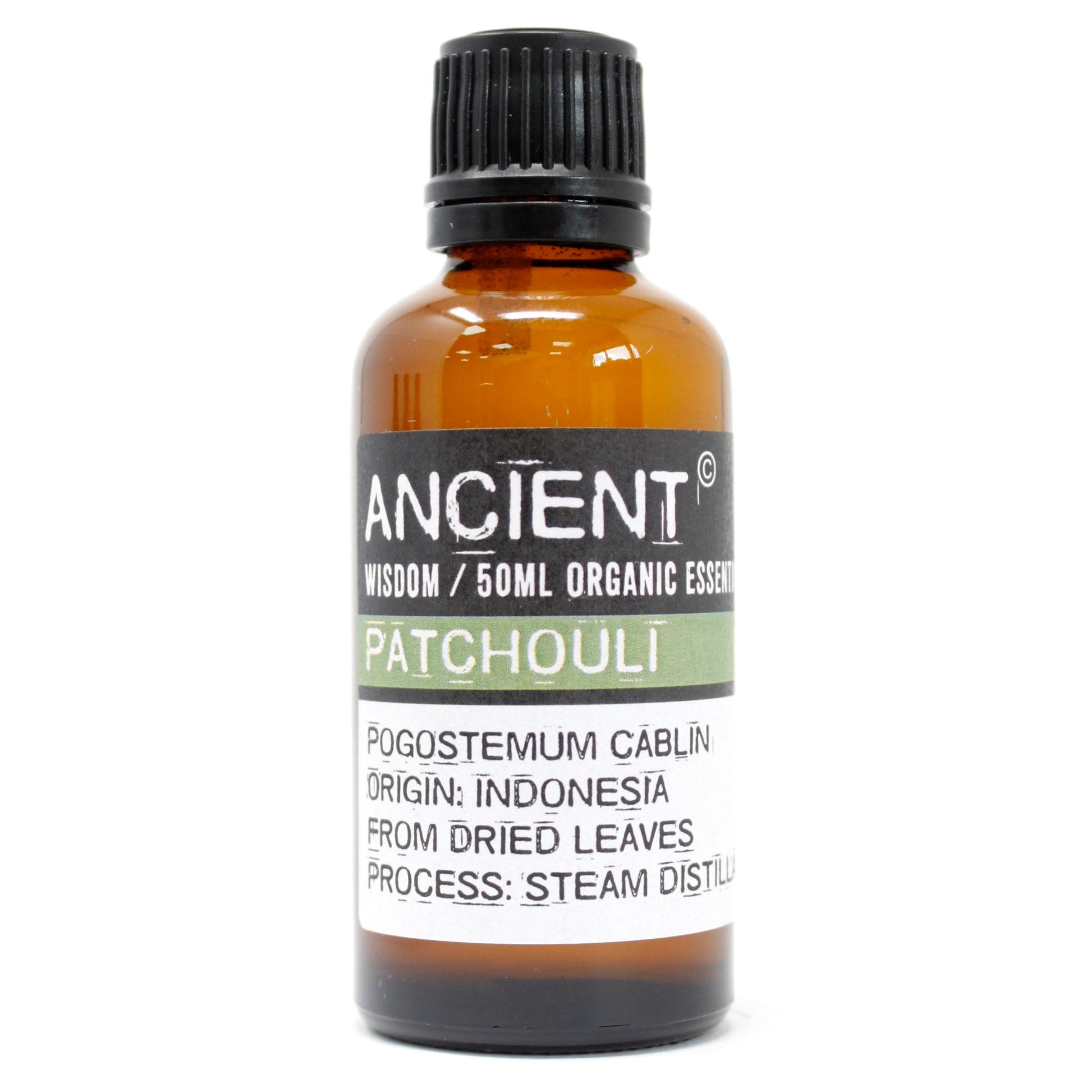 50ml Organic Essential Oil - Patchouli product packaging on clean background from Quintessential Holistic Health Ltd