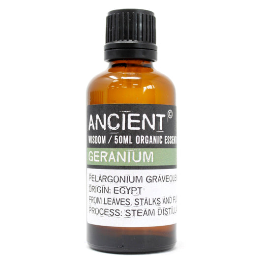 50ml Organic Essential Oil - Geranium / Egypt product packaging on clean background from Quintessential Holistic Health Ltd
