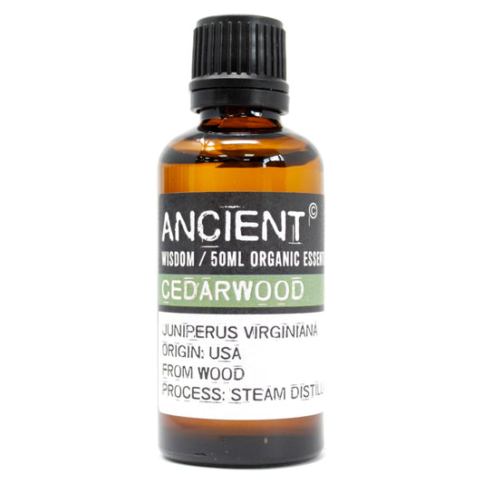 50ml Pure Organic Essential Oil - Cedarwood product packaging on clean background from Quintessential Holistic Health Ltd
