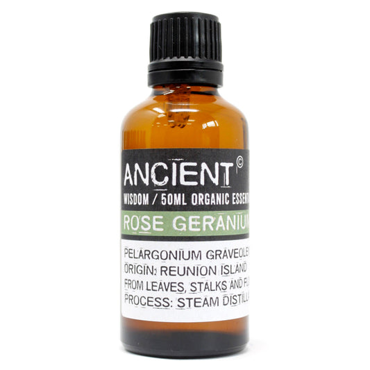 50ml Organic Essential Oil - Rose Geranium product packaging on clean background from Quintessential Holistic Health Ltd