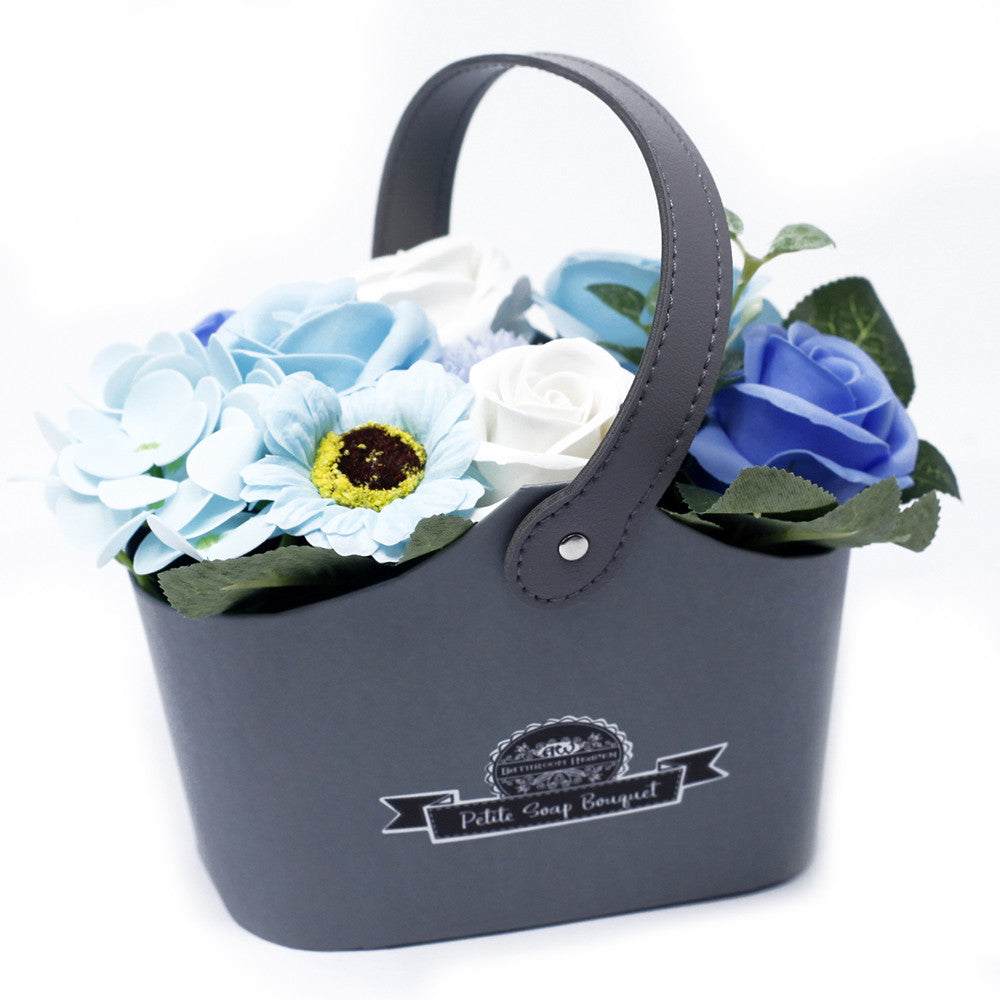 Petite Bouquet Basket - Soothing Blues, with pale blue, deep blue and white flowers in a dark grey basket by Quintessential Holistic Health Ltd