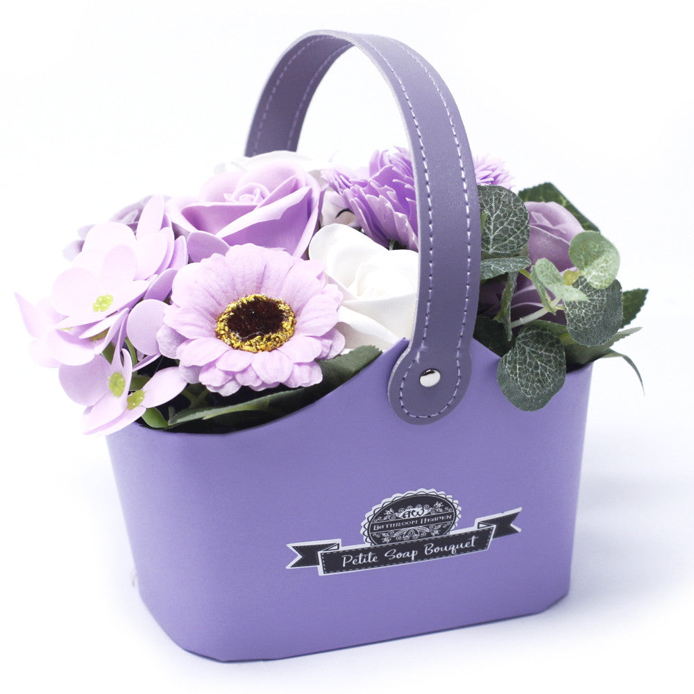Petite Bouquet Basket - Soft Lavender, with lilac and white flowers, green leaves and a purple basket, by Quintessential Holistic Health Ltd