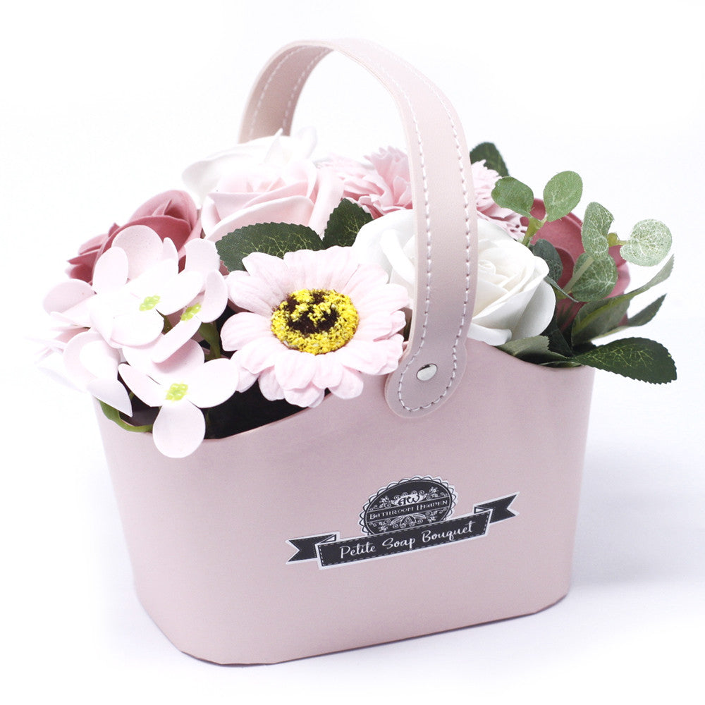 Petite Bouquet Basket - Peaceful Pink, with pale pink and white flowers, green leaves and a pink basket, by Quintessential Holistic Health Ltd