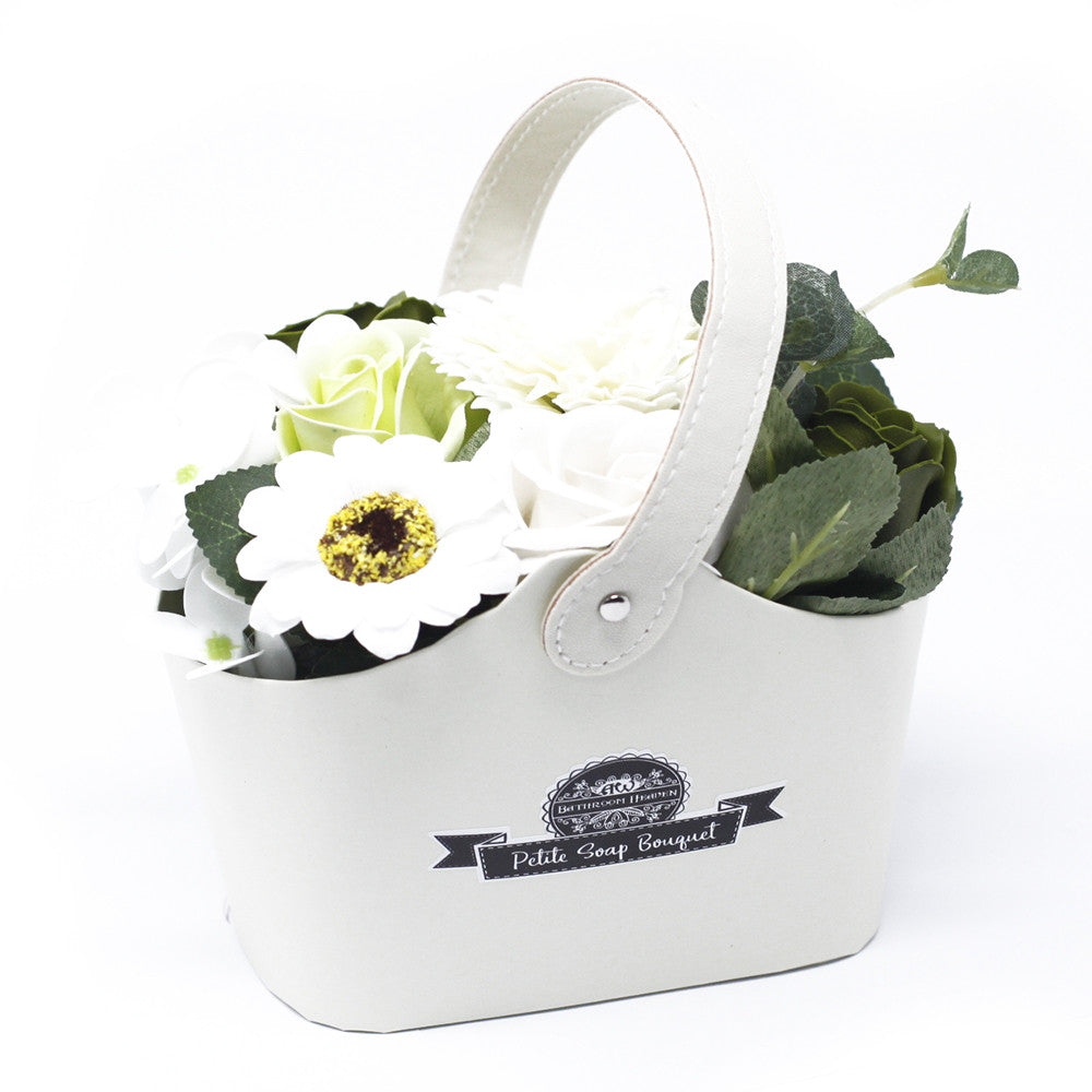 Petite Bouquet Basket - Pastel Green, with white flowers, pale green blooms and dark green leaves in a white basket, by Quintessential Holistic Health Ltd