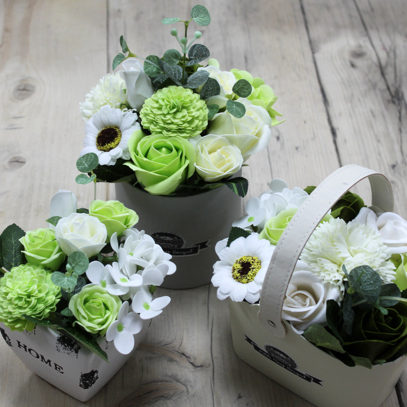 Petite Bouquet Basket - Pastel Green, three arrangements with white blooms, pale green flowers and leafy sprigs, by Quintessential Holistic Health Ltd