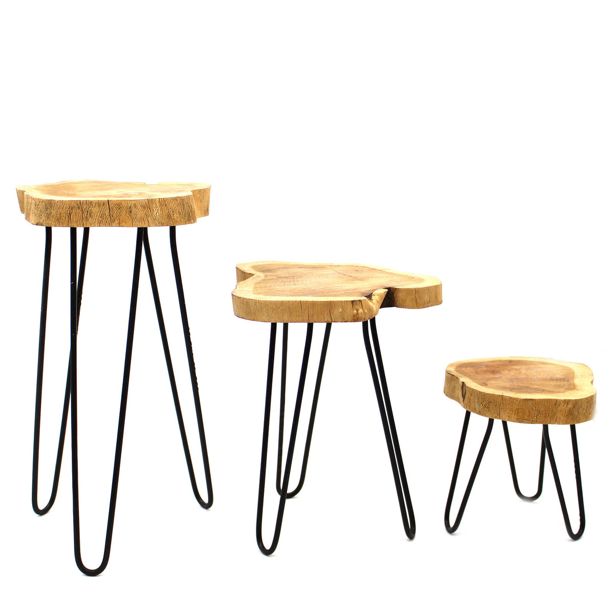 Set of 3 Eco-Friendly Gamal Wooden Plant Stands - Natural, three irregular round wooden stands at graduated heights by Quintessential Holistic Health Ltd