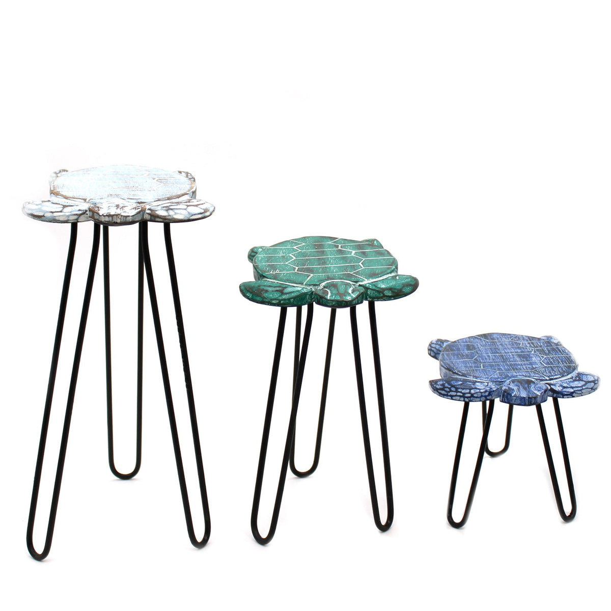 Set of 3 Eco-Friendly Albasia Wooden Plant Stands - Turtles, three white, green and blue turtle-shaped tops on black hairpin legs by Quintessential Holistic Health Ltd