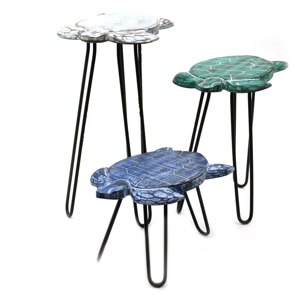 Set of 3 Eco-Friendly Albasia Wooden Plant Stands - Turtles, three white, green and blue turtle-shaped tops at varied heights on black legs by Quintessential Holistic Health Ltd