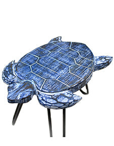 Set of 3 Eco-Friendly Albasia Wooden Plant Stands - Turtles, blue turtle-shaped stand with etched shell pattern and black legs by Quintessential Holistic Health Ltd