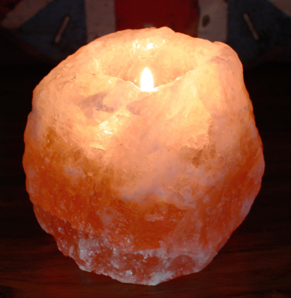 Himalayan Salt Candle Holder, Natural Square, Single shown glowing orange with a lit tealight by Quintessential Holistic Health Ltd