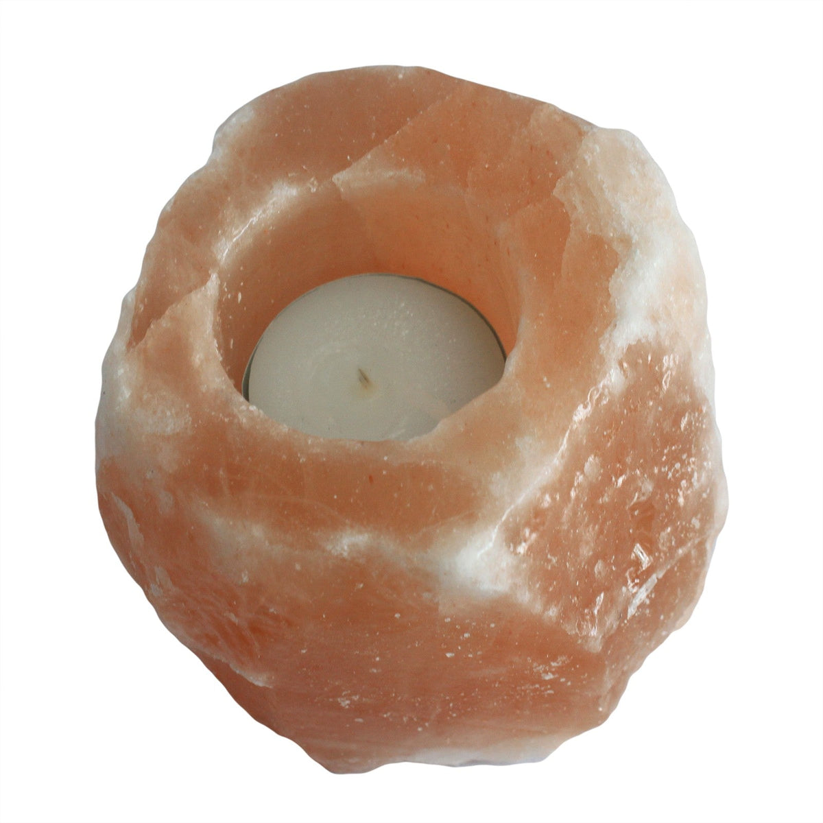 Himalayan Salt Candle Holder, Natural Square, Single shown from above with a white tealight in its circular opening by Quintessential Holistic Health Ltd