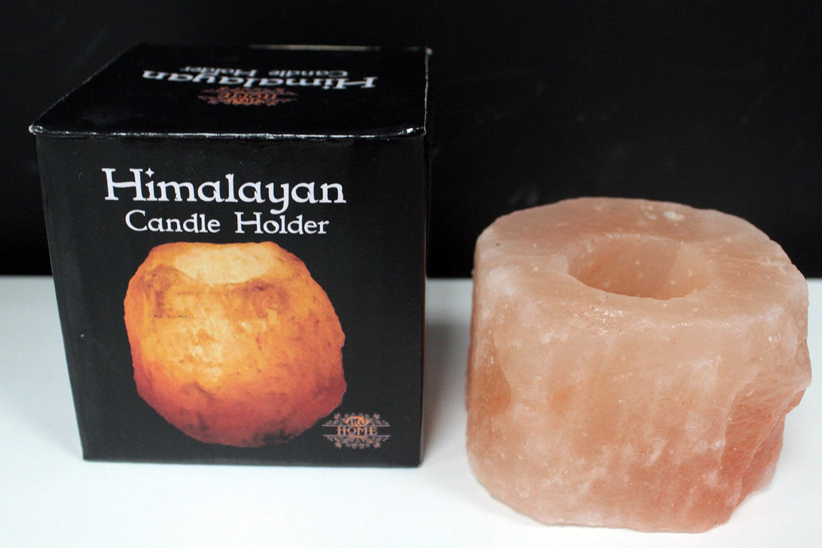 Himalayan Salt Candle Holder, Natural Square, Single shown as a pale orange holder beside a black Himalayan Candle Holder box by Quintessential Holistic Health Ltd
