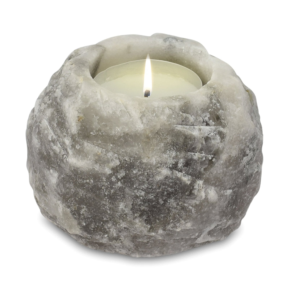 Himalayan Salt Candle Holder - Grey - Square - Single with rough layered sides and a lit candle by Quintessential Holistic Health Ltd