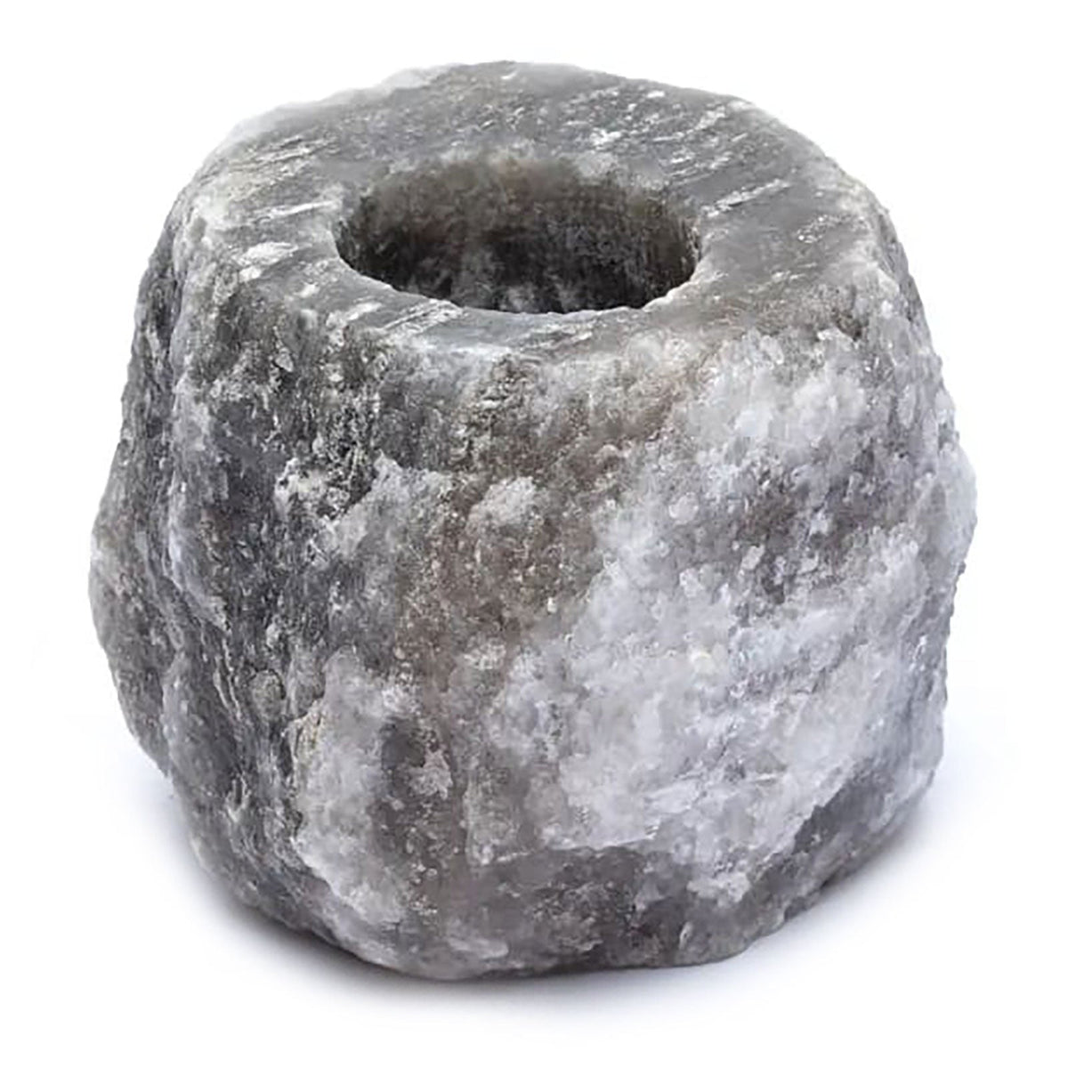 Himalayan Salt Candle Holder - Grey - Square - Single with a deep circular opening and mottled grey surface by Quintessential Holistic Health Ltd