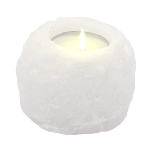 Hand Carved Himalayan Salt Crystal Candle Holder - White and Natural / Square /Single product packaging on clean background from Quintessential Holistic Health Ltd