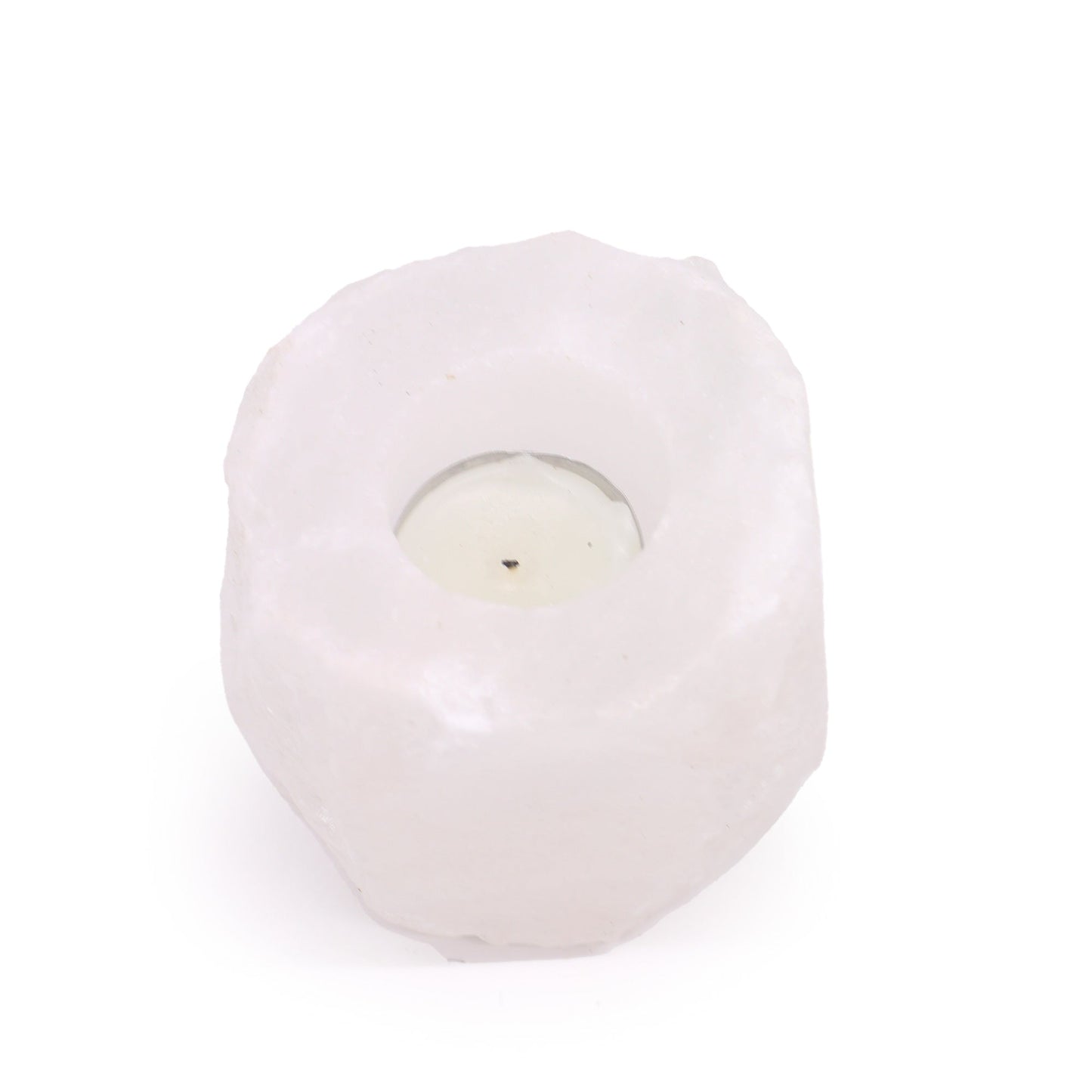 Hand Carved Himalayan Salt Crystal Candle Holder - White and Natural / Square /Single product packaging on clean background from Quintessential Holistic Health Ltd