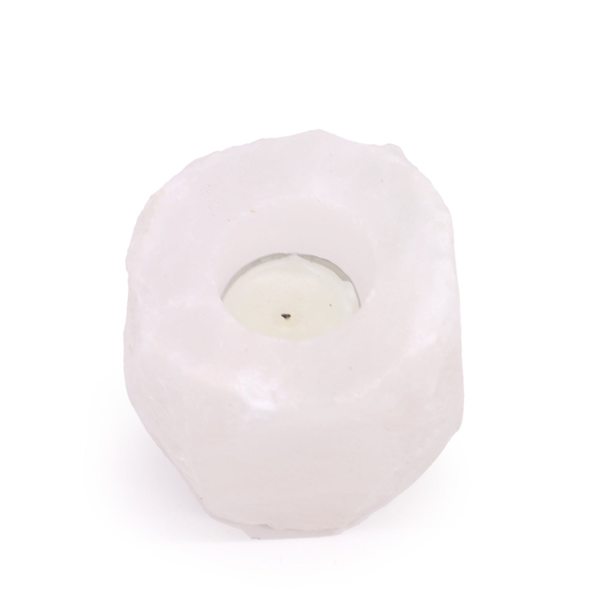 Hand Carved Himalayan Salt Crystal Candle Holder - White and Natural / Square /Single product packaging on clean background from Quintessential Holistic Health Ltd