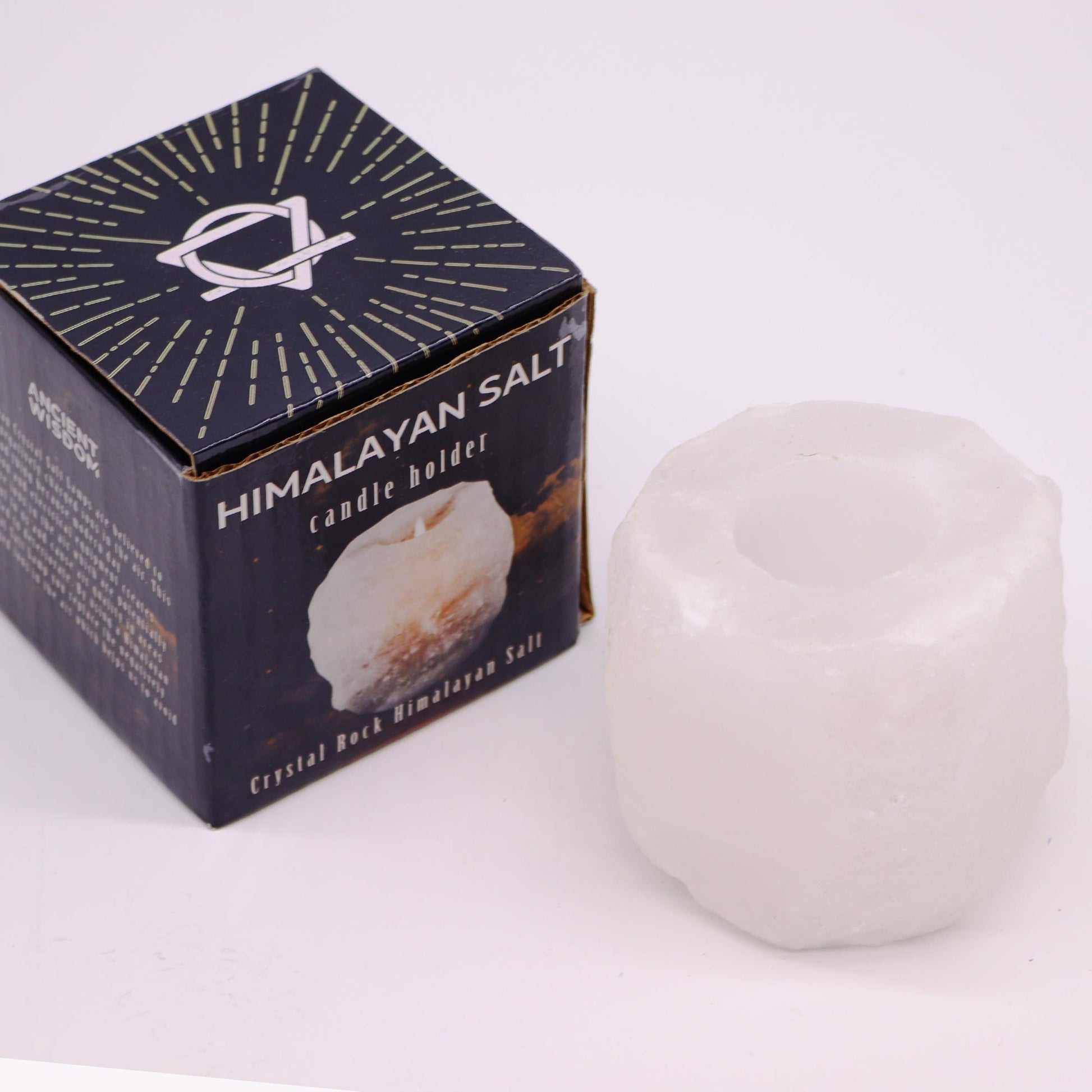 Hand Carved Himalayan Salt Crystal Candle Holder - White and Natural / Square /Single product packaging on clean background from Quintessential Holistic Health Ltd