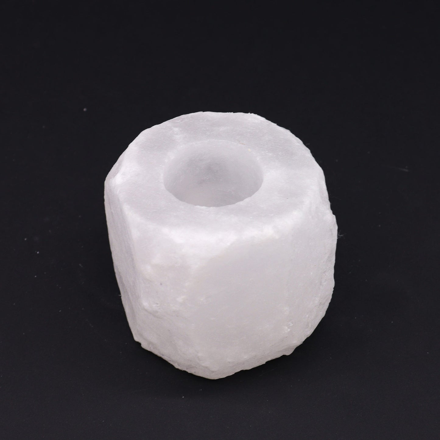 Hand Carved Himalayan Salt Crystal Candle Holder - White and Natural / Square /Single product packaging on clean background from Quintessential Holistic Health Ltd