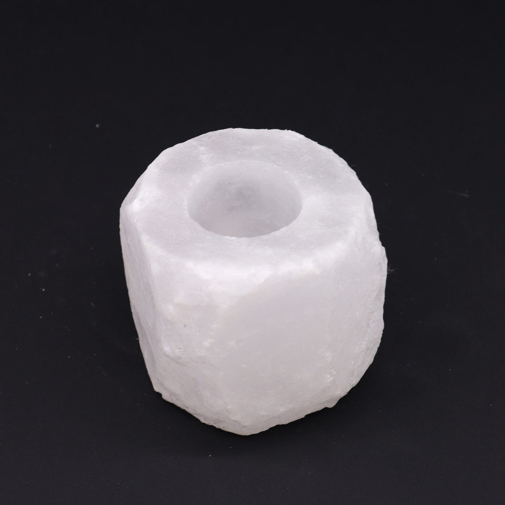Hand Carved Himalayan Salt Crystal Candle Holder - White and Natural / Square /Single product packaging on clean background from Quintessential Holistic Health Ltd