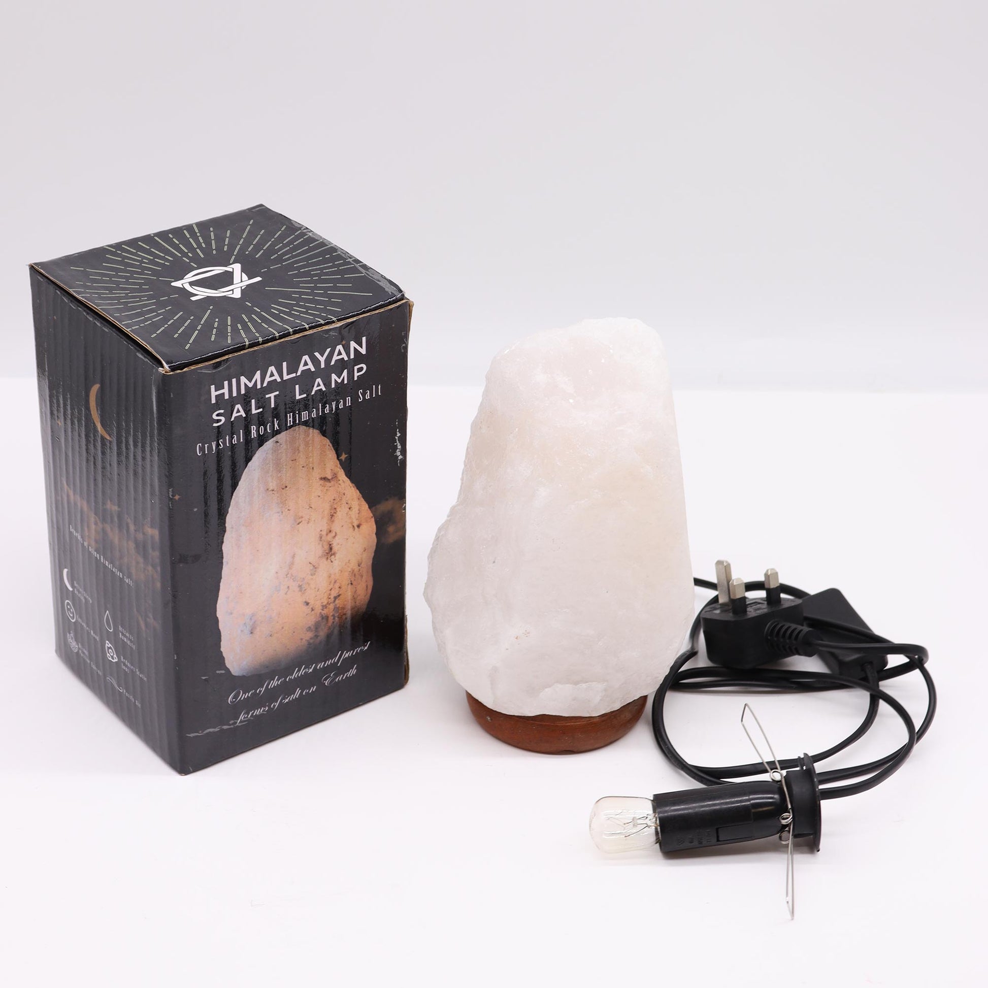 Hand Carved 240v Himalayan Salt Crystal Lamp with Base - White and Natural / 2Kg - 3Kg product packaging on clean background from Quintessential Holistic Health Ltd