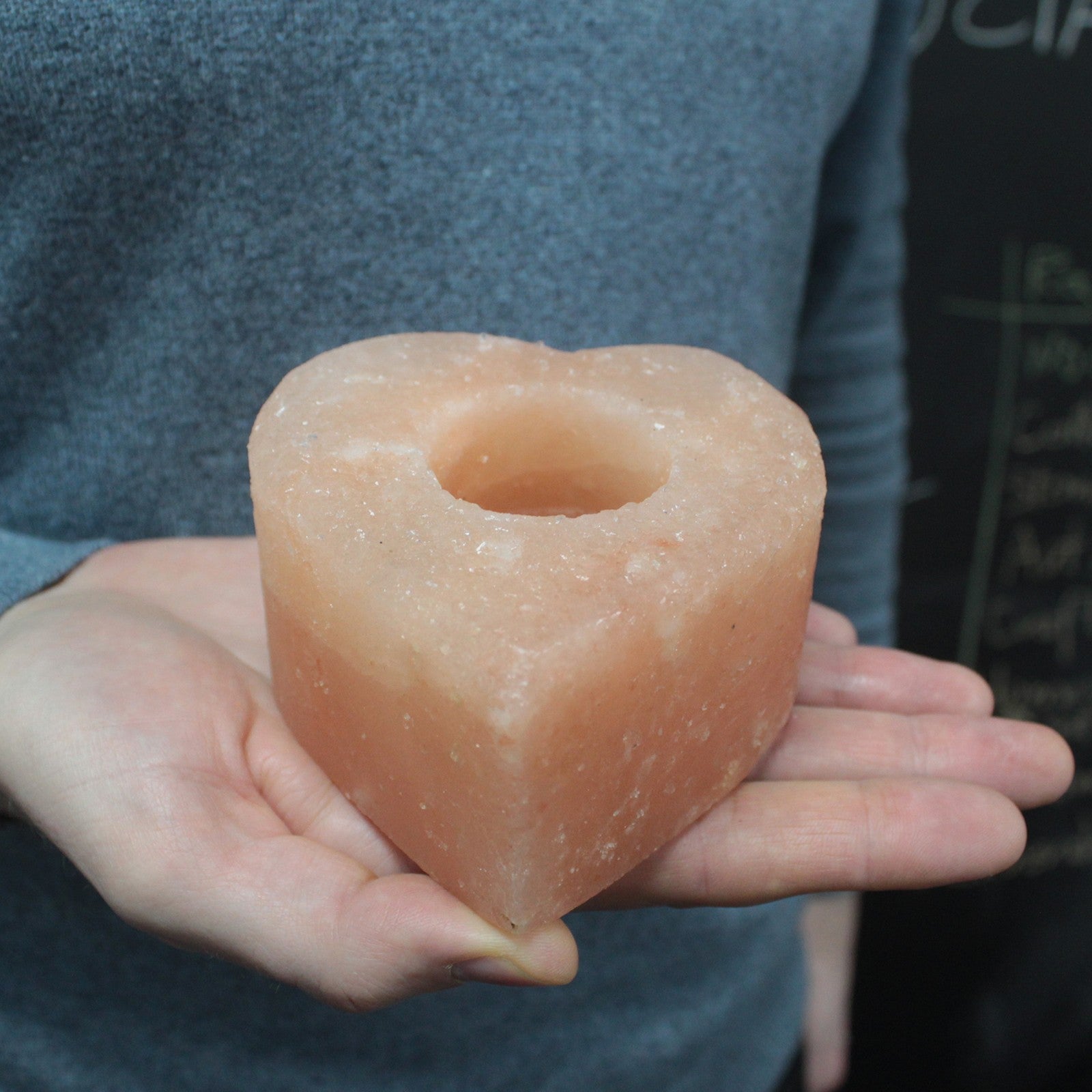 Hand Carved Himalayan Salt Crystal Candle Holder - Natural / Heart product packaging on clean background from Quintessential Holistic Health Ltd
