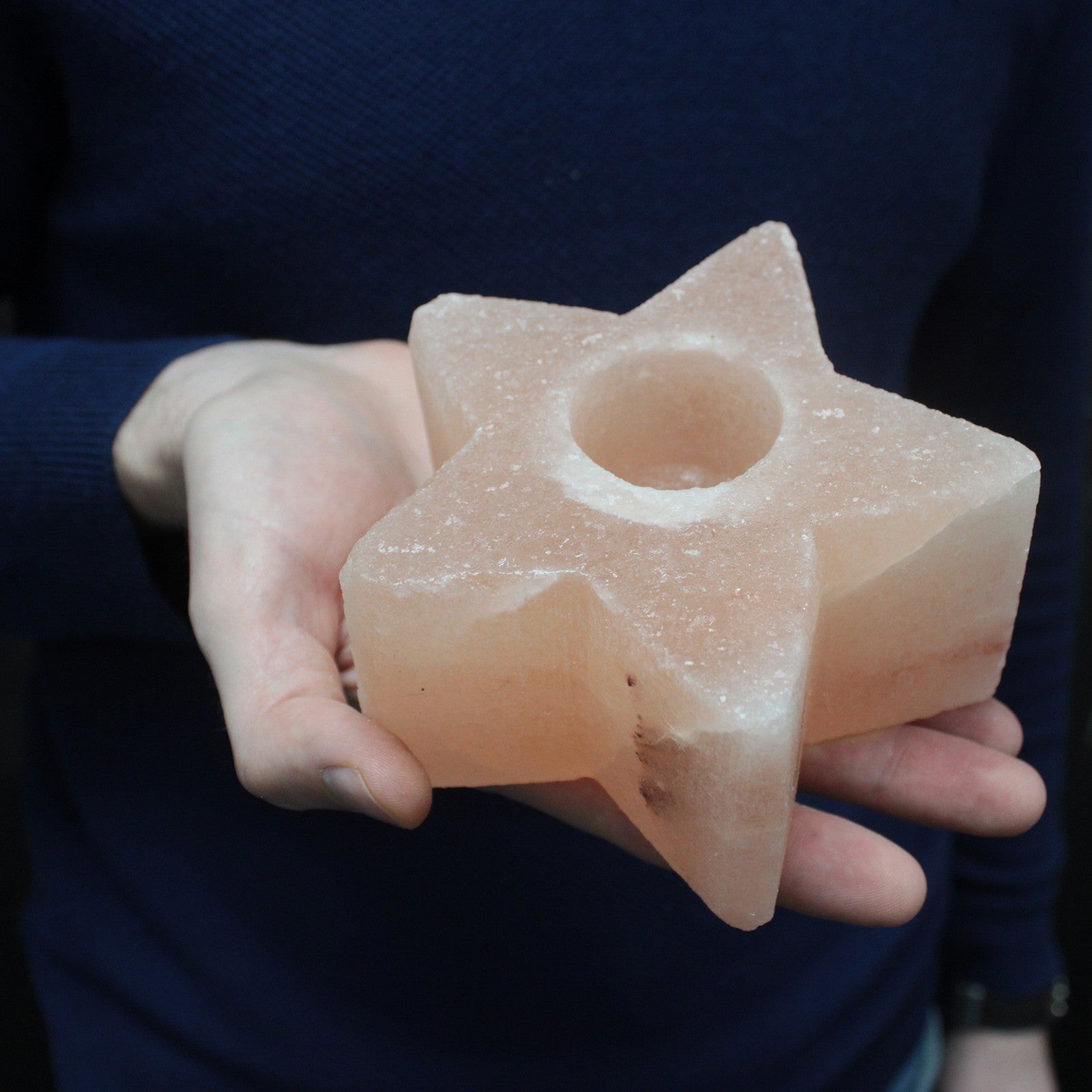 Hand Carved Himalayan Salt Crystal Candle Holder - Natural / Star product packaging on clean background from Quintessential Holistic Health Ltd