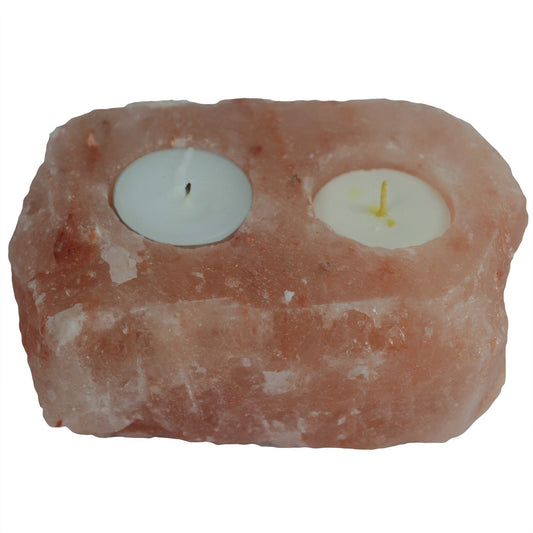Hand Carved Himalayan Salt Crystal Candle Holder - Natural - Rectangular - Double - main product image from Quintessential Holistic Health Ltd UK