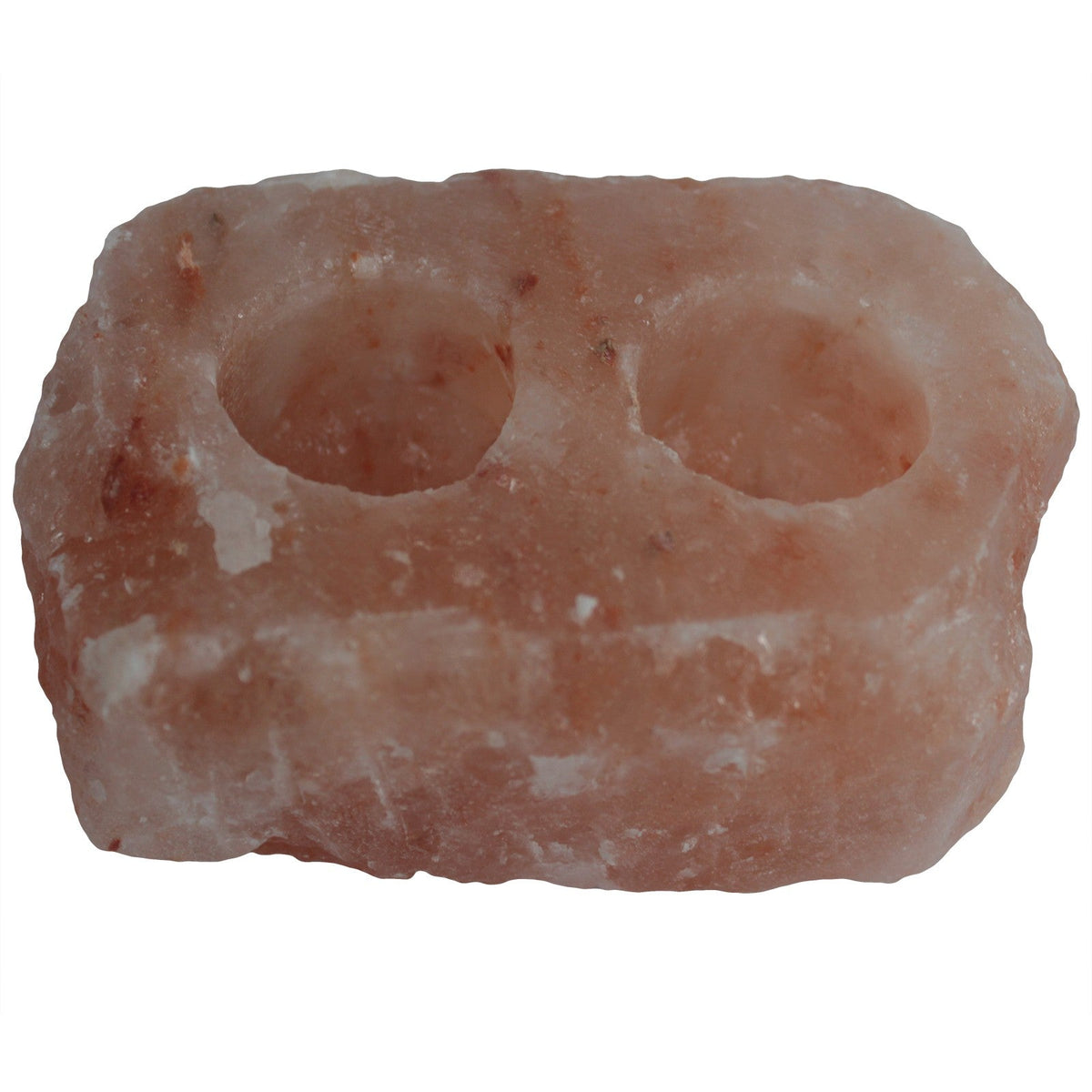 Himalayan Salt Crystal Candle Holder - Natural Rectangular Double with two empty circular recesses and rough pink sides by Quintessential Holistic Health Ltd