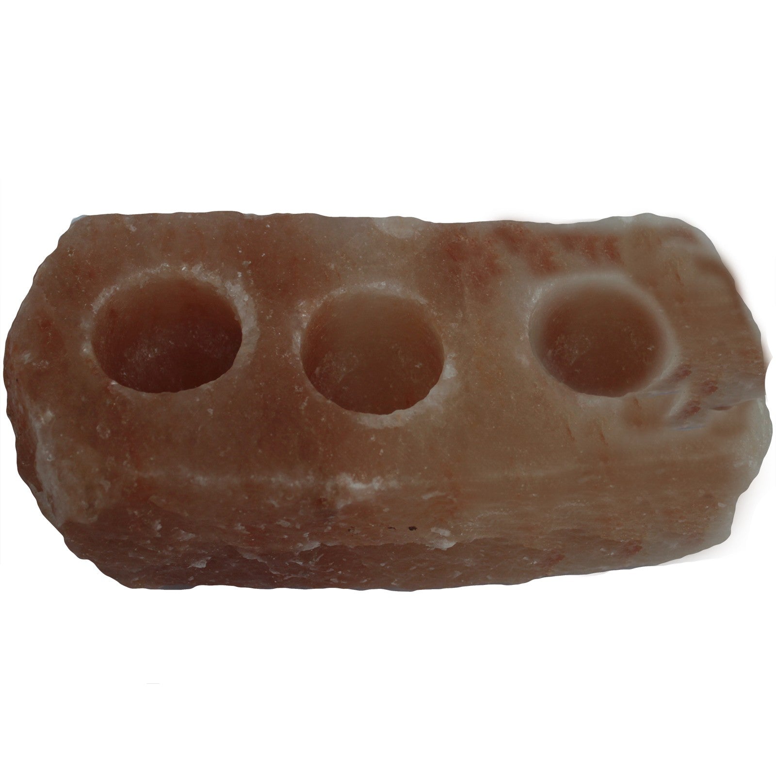 Himalayan Salt Crystal Candle Holder - Natural Rectangular Triple with three empty circular recesses in a rough pink block by Quintessential Holistic Health Ltd