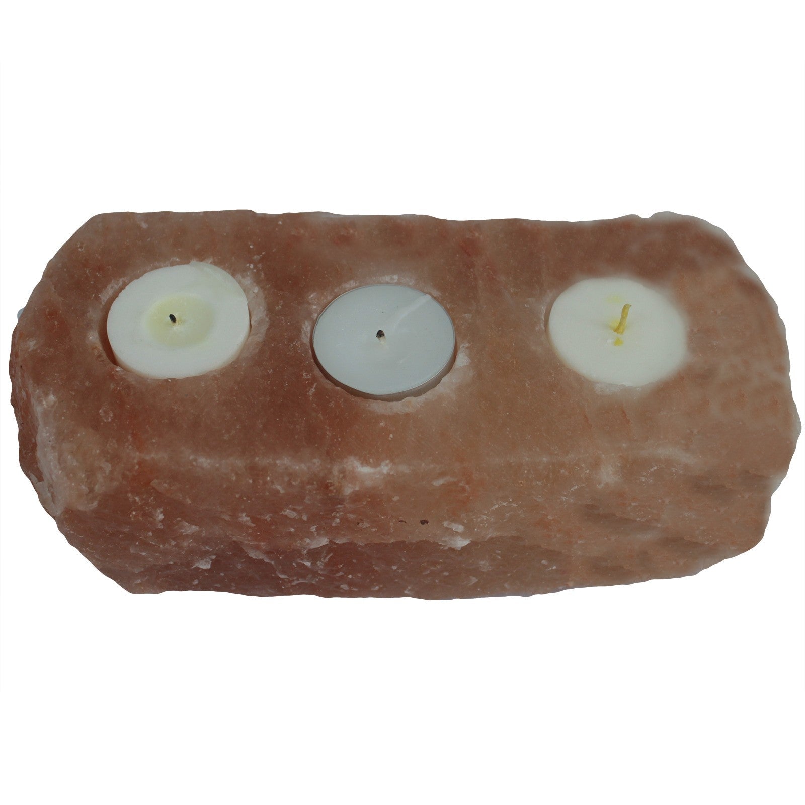 Himalayan Salt Crystal Candle Holder - Natural Rectangular Triple with three round candles set into a rough pink block by Quintessential Holistic Health Ltd