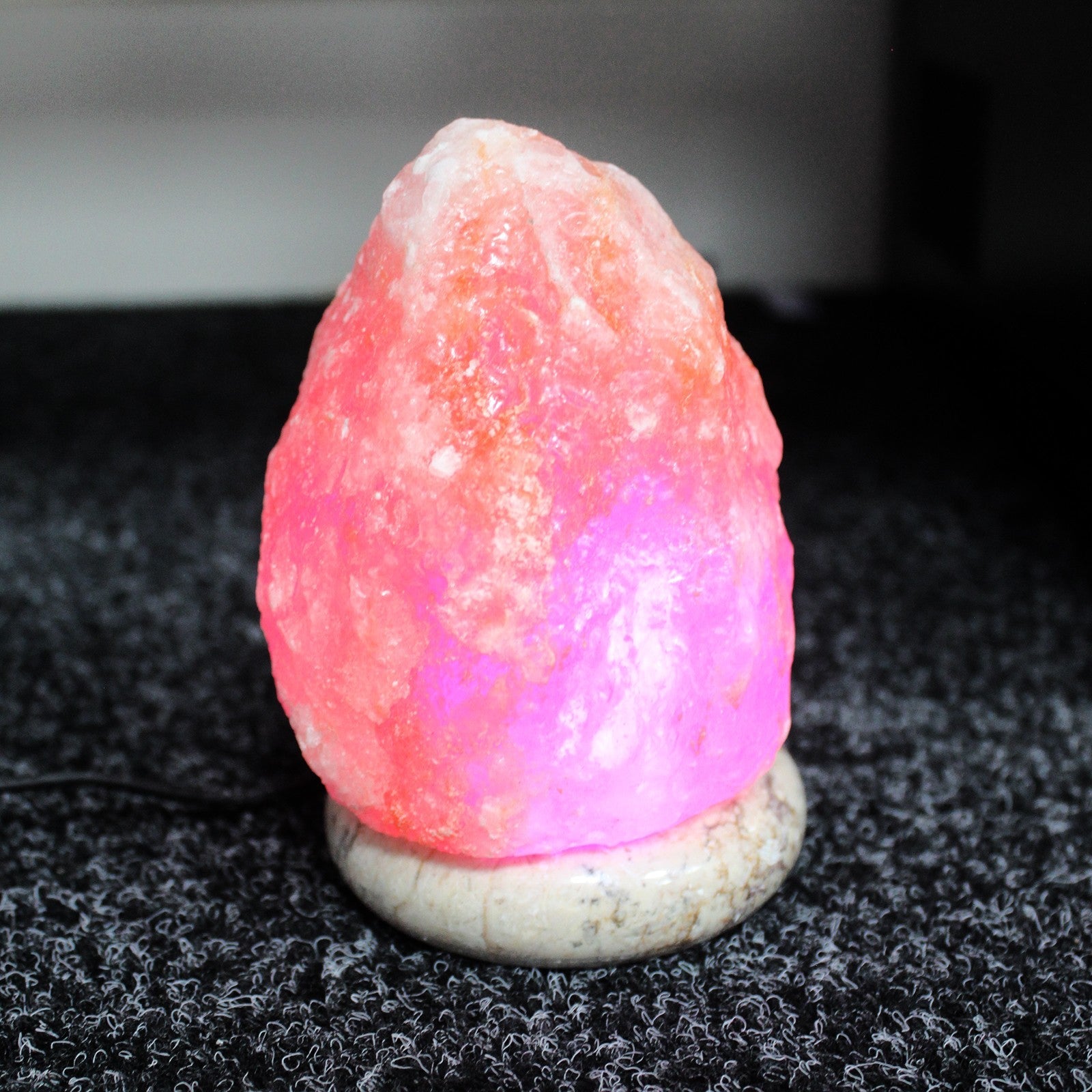 Hand Carved USB Himalayan Salt Crystal Lamp with Base - Natural / Multicoloured Light product packaging on clean background from Quintessential Holistic Health Ltd